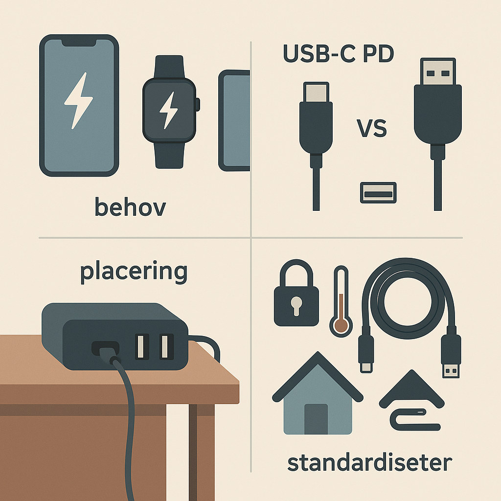 Multi-opladerstation i hjemmet: slip for kabelrod på ét sted