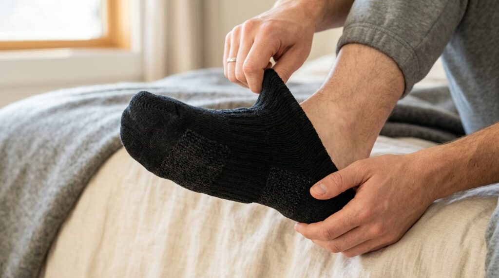 Close-up detail shot of premium black thermal winter socks w