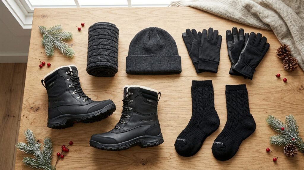 Flat lay overhead view of winter boot essentials including i
