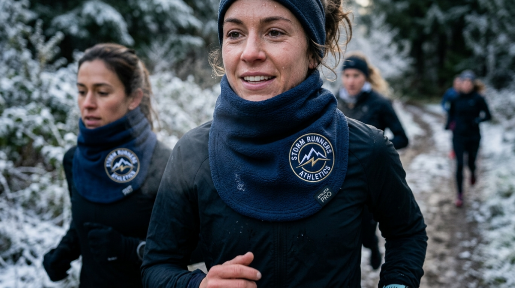Athletic team wearing matching branded neck warmers during w