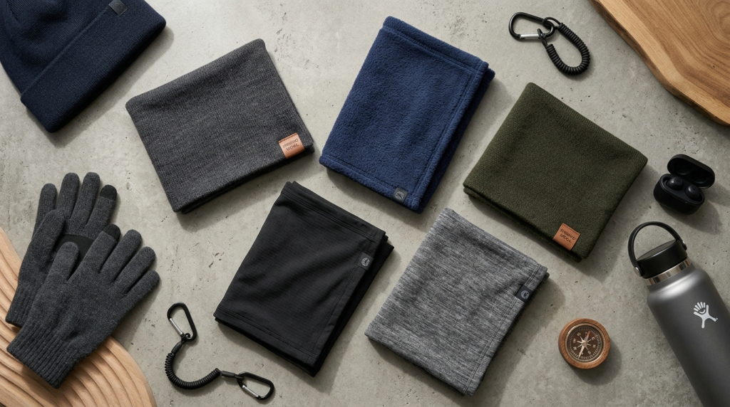 Flat lay composition of folded winter neck gaiters in variou