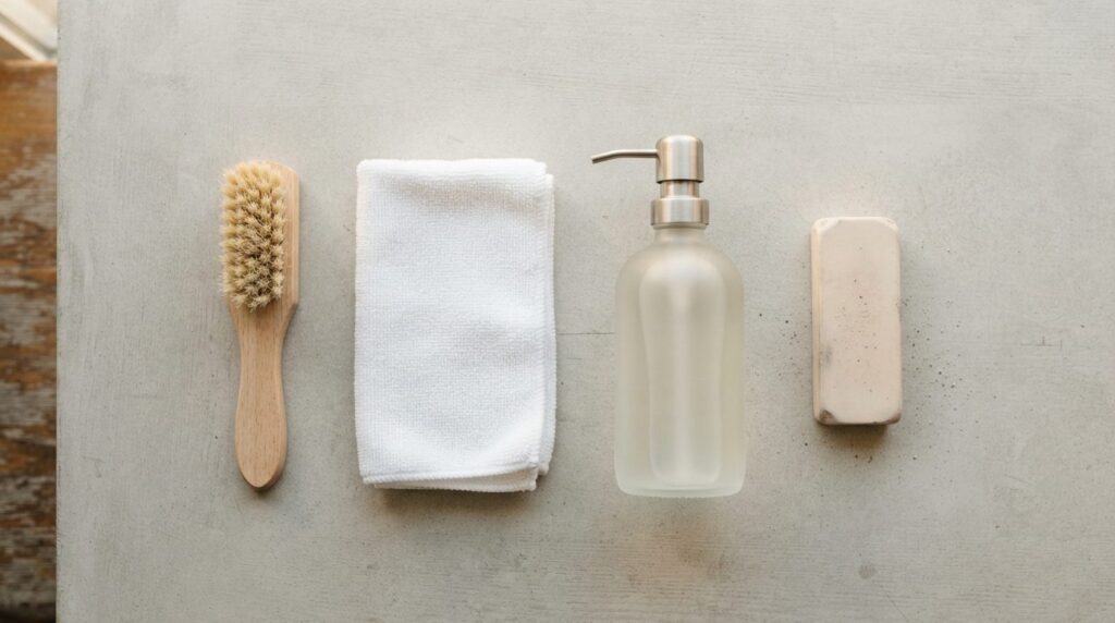 Close-up flat lay of secondhand shoe cleaning essentials arr