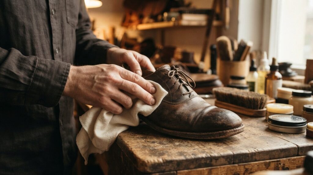 Hands carefully cleaning a secondhand leather oxford shoe wi