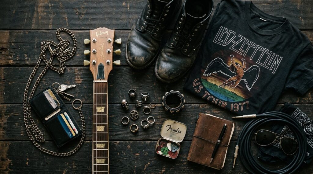 Overhead flat lay composition of rock musicians lifestyle e