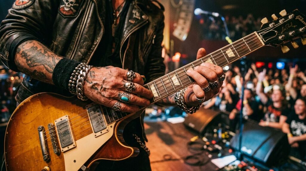 Close-up detail shot of a rock guitarists hands positioned 